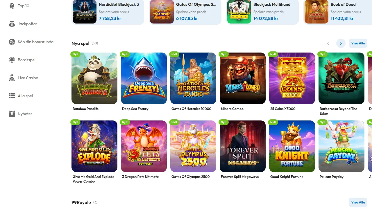Nordicbets slotlobby med spelrutor för olika slots