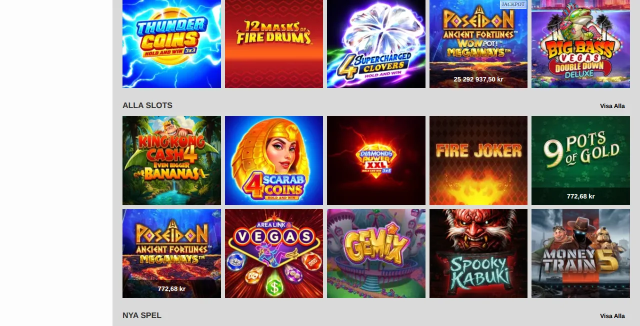 Nyspins spellobby med slots som visas som speltiles
