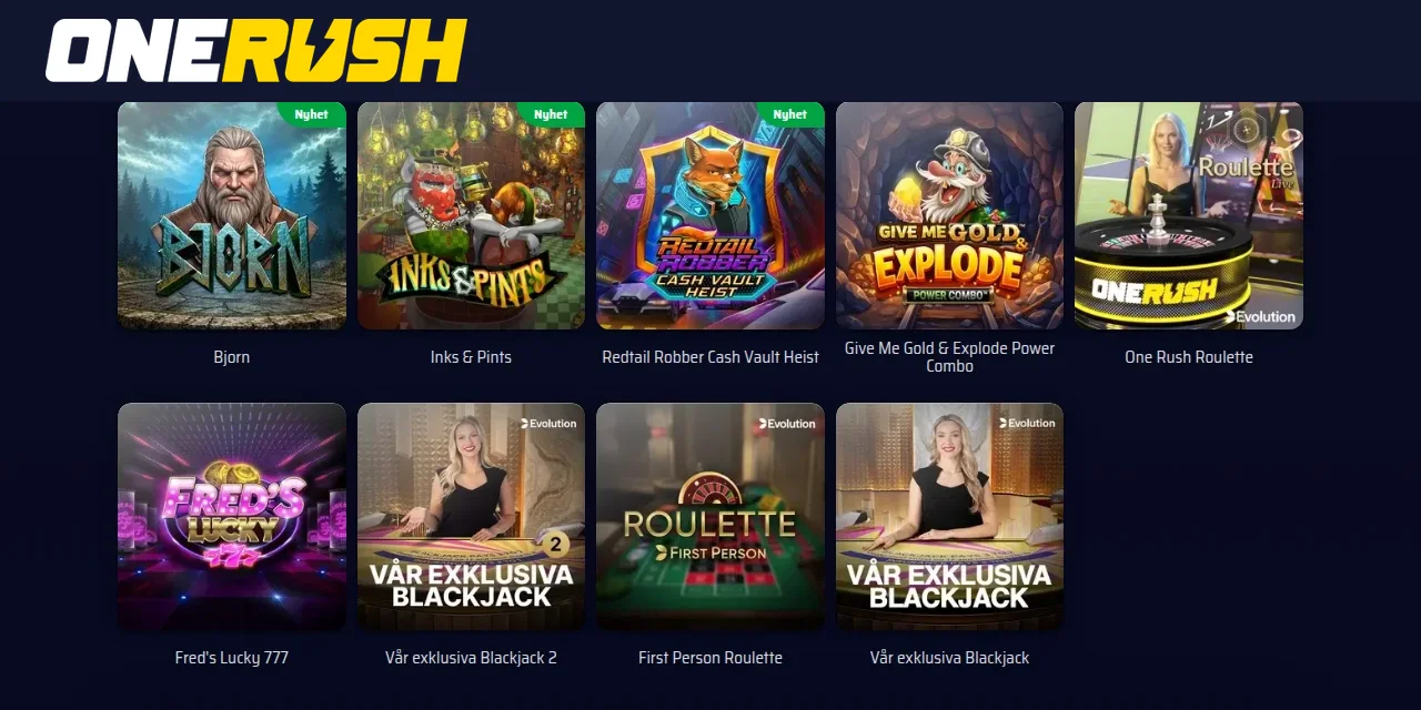 Onerush casinolobby med speltiles för slots och andra casinospel