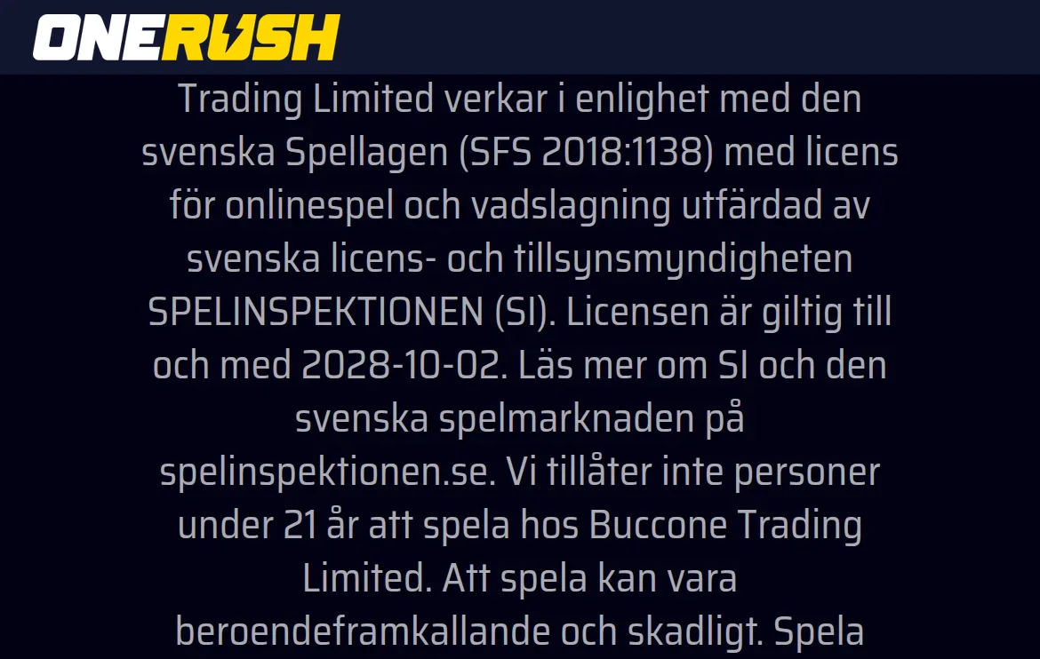 Licensinformation på Onerush sajt med spelmyndigheten Spelinspektionen