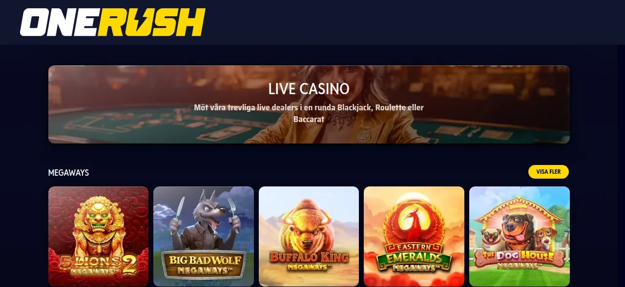 Ännu en vy av Onerush casinolobby längre ner på sidan