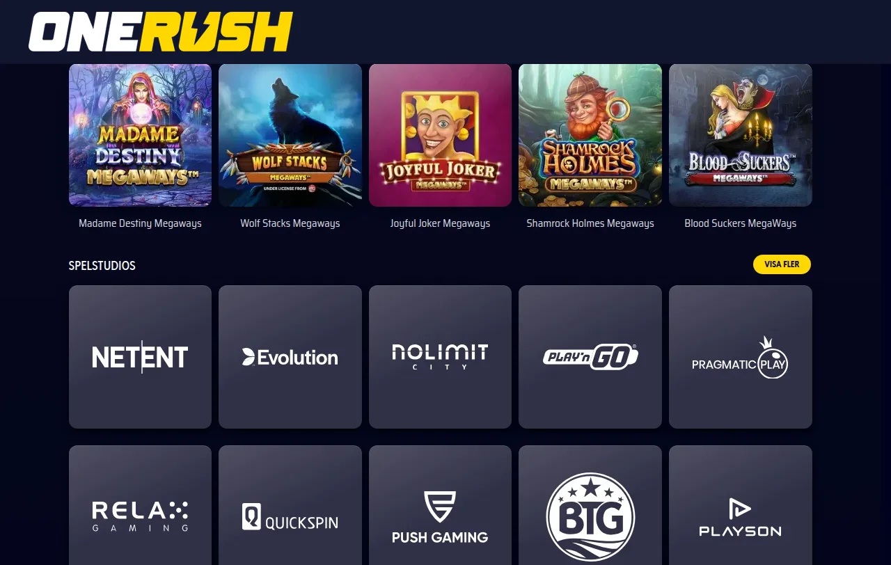 Ytterligare en del av Onerush casinolobby längre ner på sidan