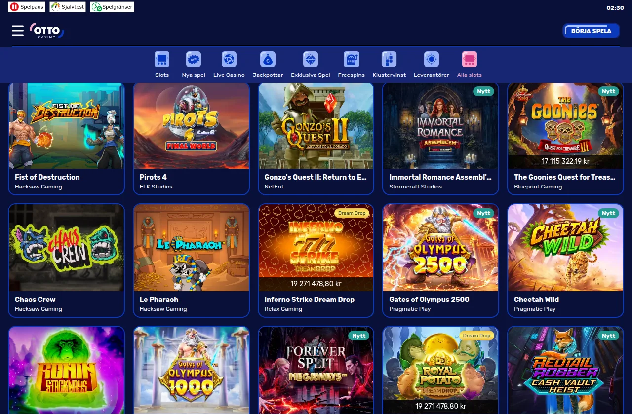 Ottocasinos slotlobby med spelbrickor