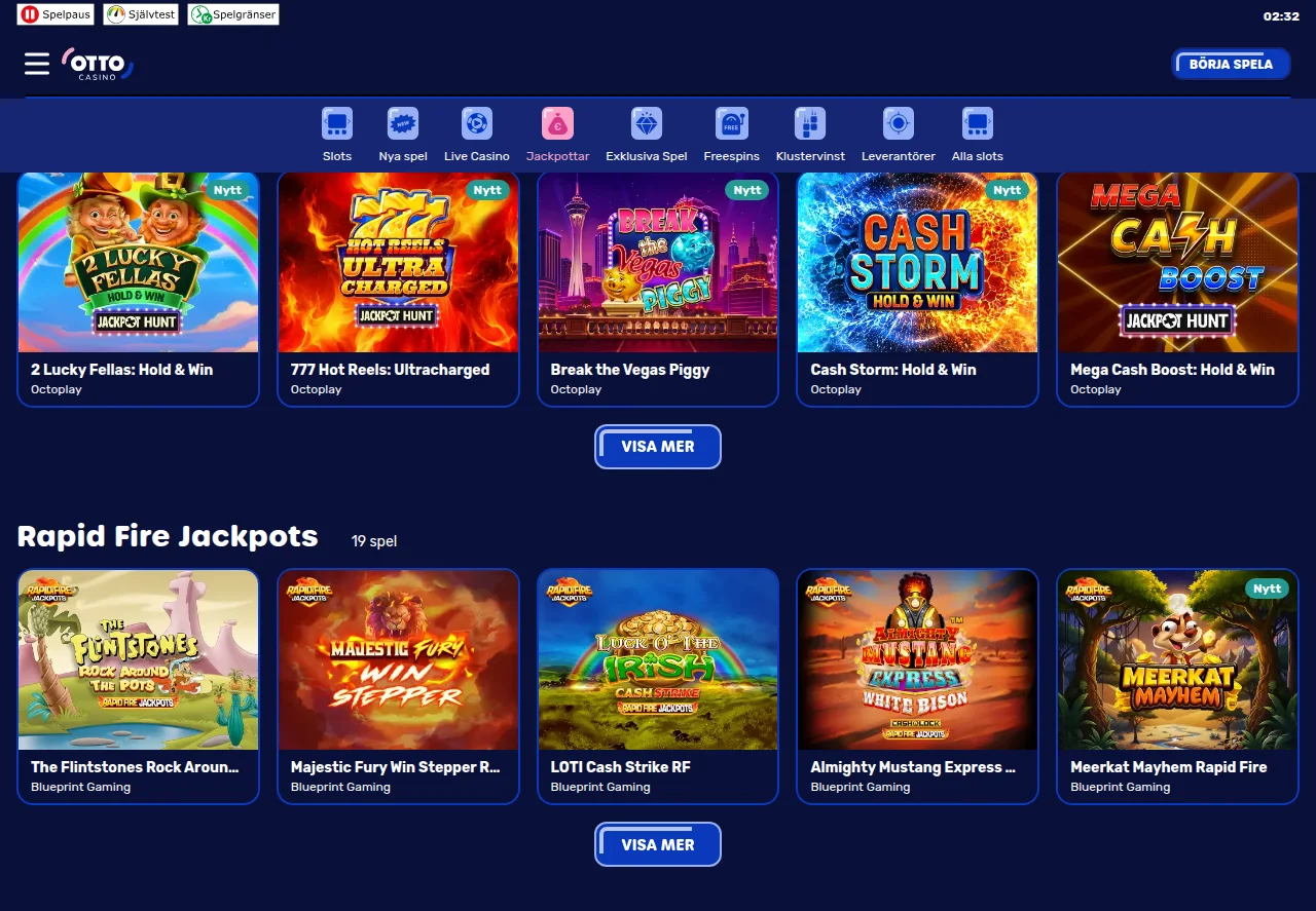 Ottocasinos jackpottsektion med aktuella jackpottbelopp