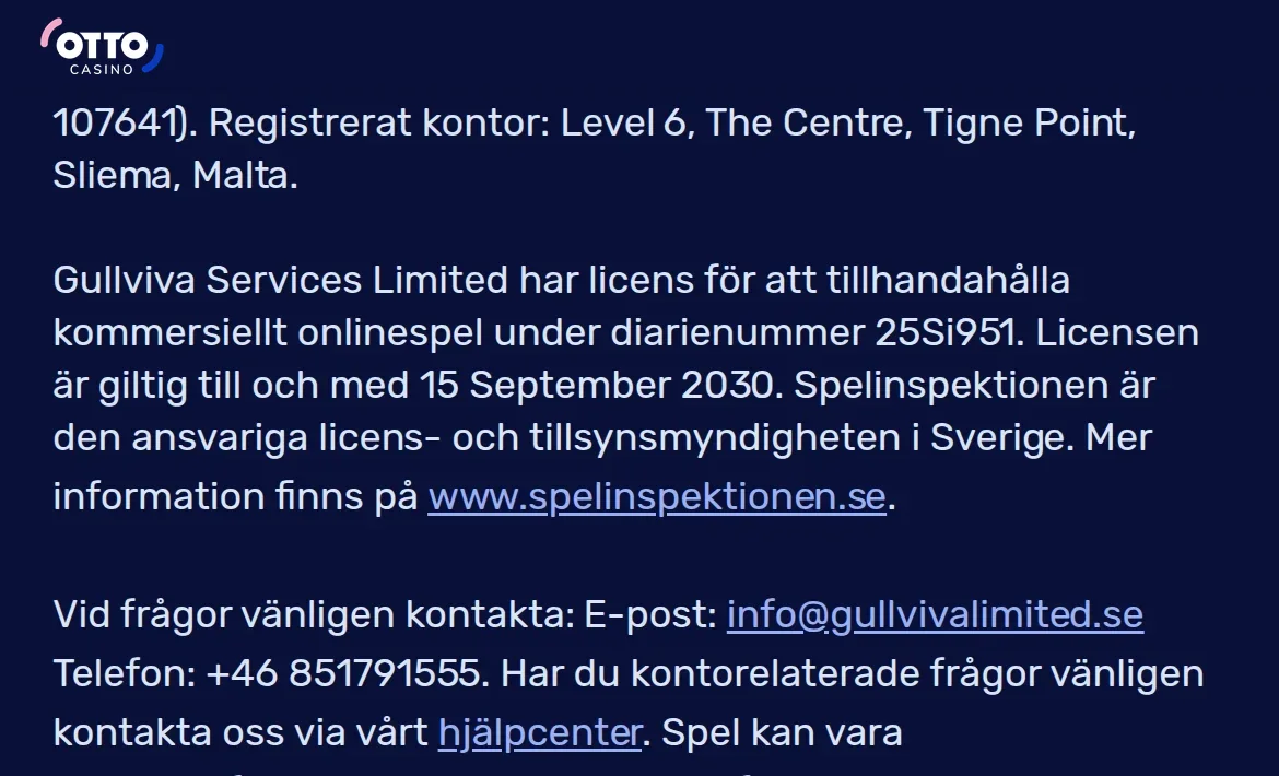 Licensinformation från Spelinspektionen på Ottocasinos sajt