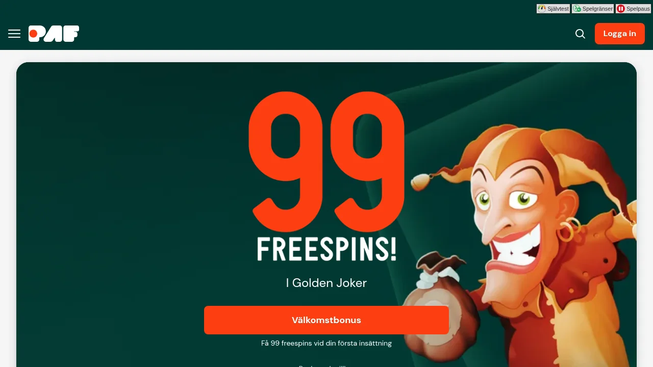 Startsidan på paf.se med logotyp, hero och erbjudandet om free spins