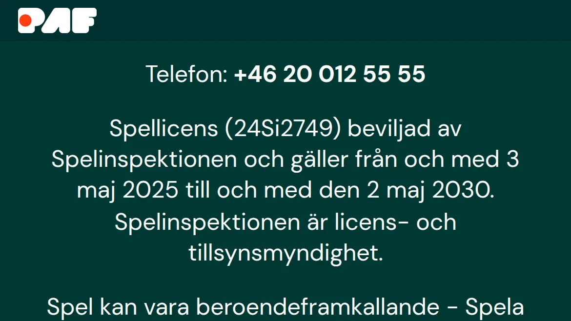 Pafs licensuppgifter på den svenska sajten