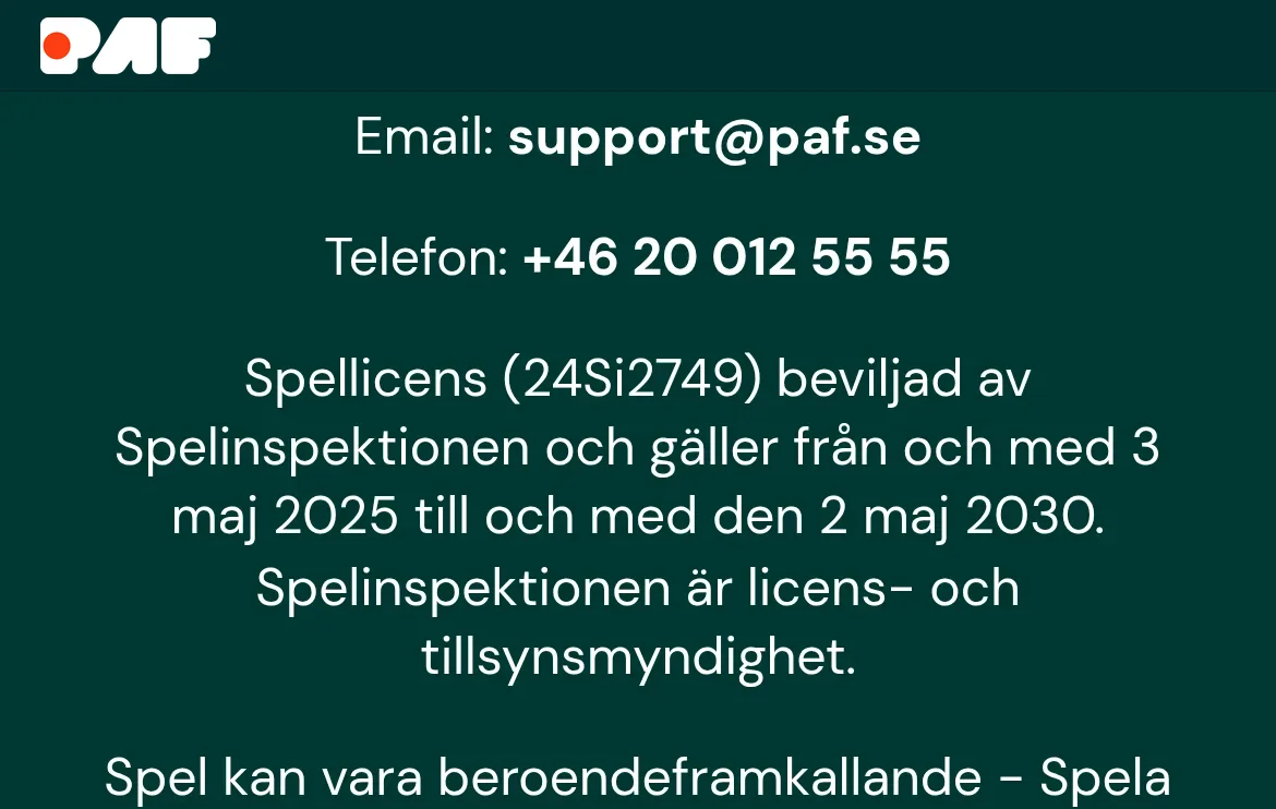 Licensinformation på paf.se med Spelinspektionen och licensnummer 24Si2749