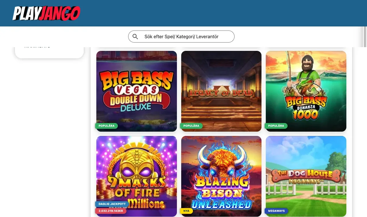 Playjangos spellobby med slots och spelrutor