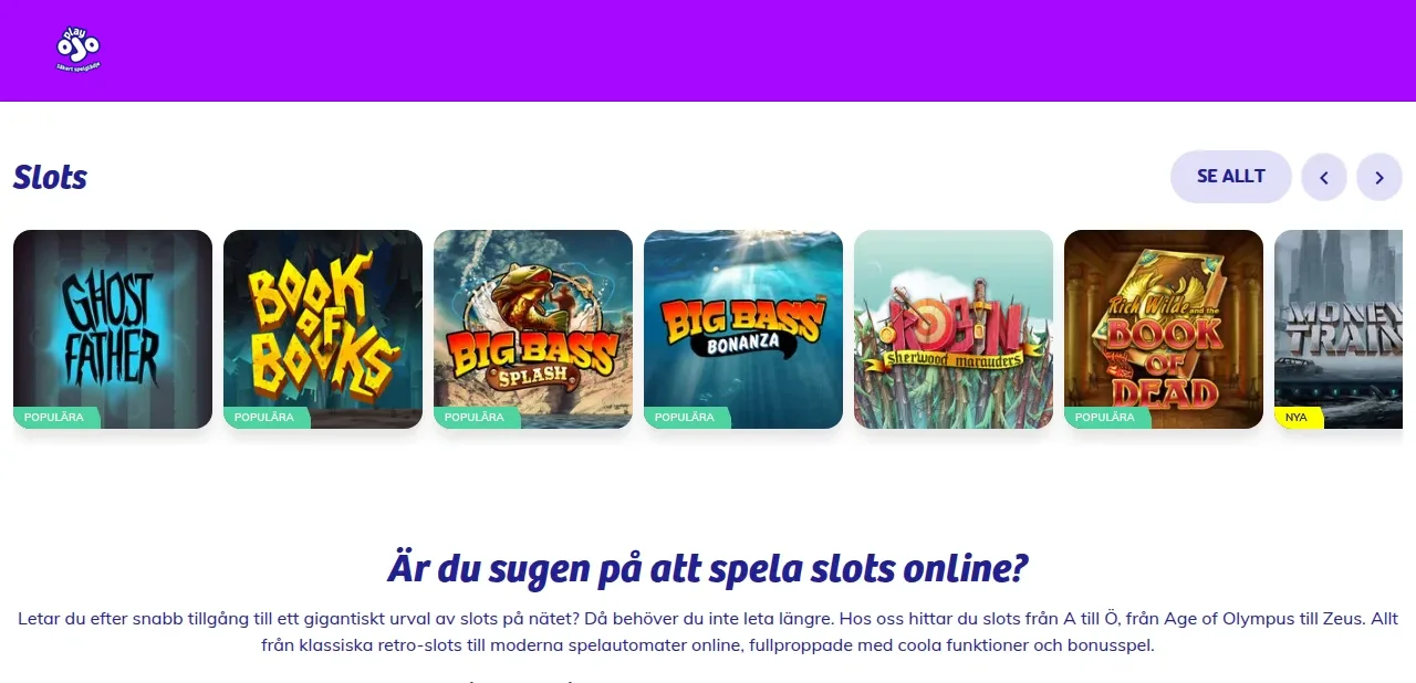 PlayOJO:s spellobby med rutor för slots och andra casinospel