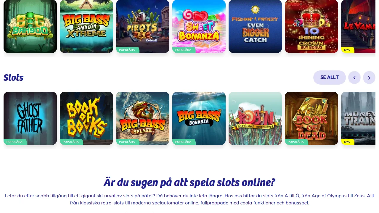 Slotlobbyn hos PlayOJO med rutor för populära automatspel