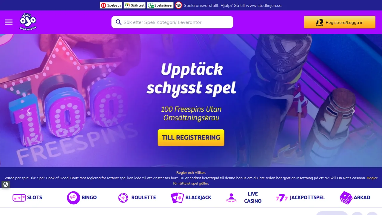 PlayOJO:s startsida med logotyp, toppbanner och det första erbjudandet