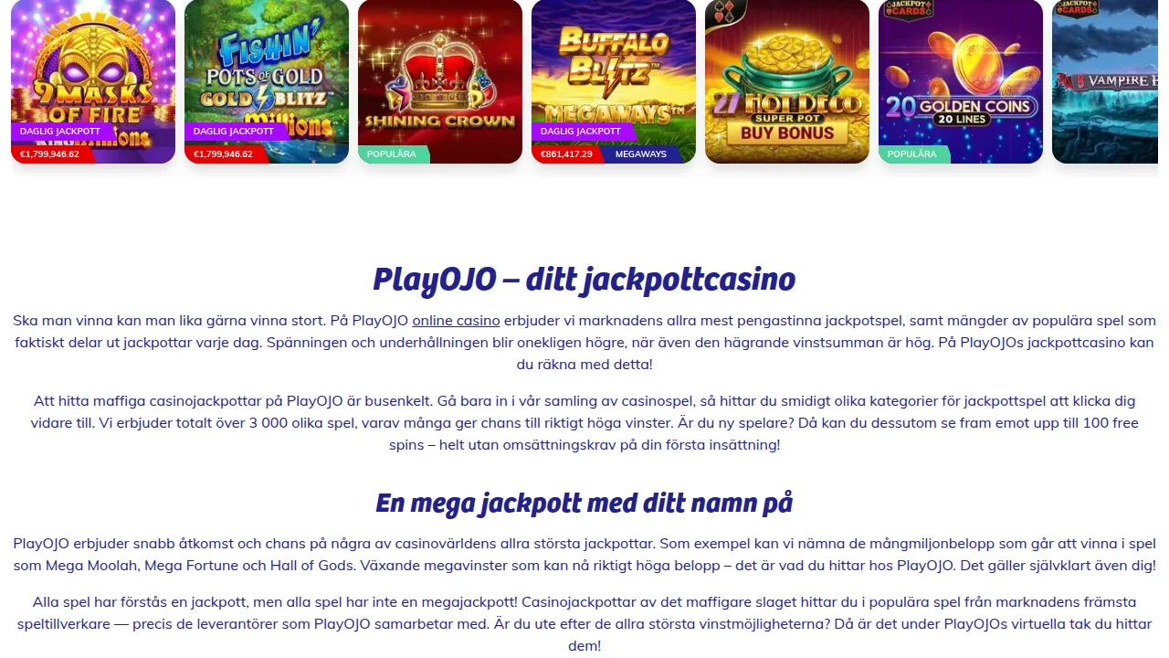Jackpottsektionen hos PlayOJO med progressiva potter