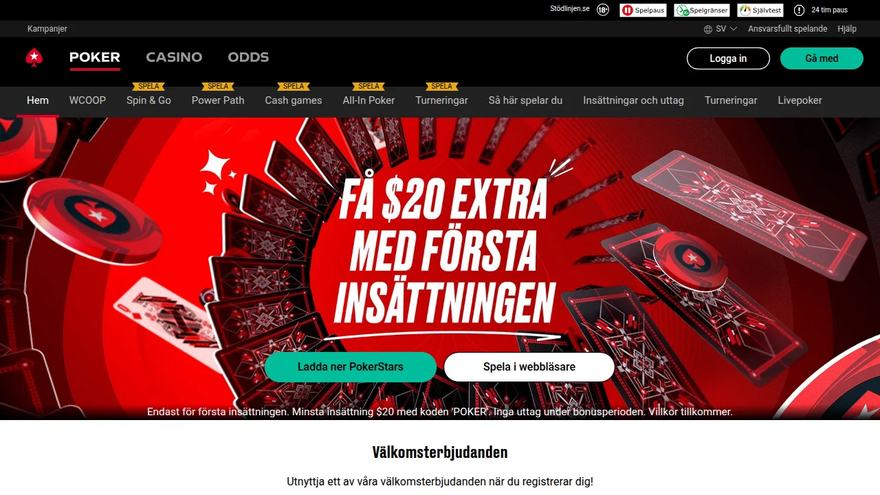 PokerStars startsida med logotyp, hero-yta och första erbjudandet
