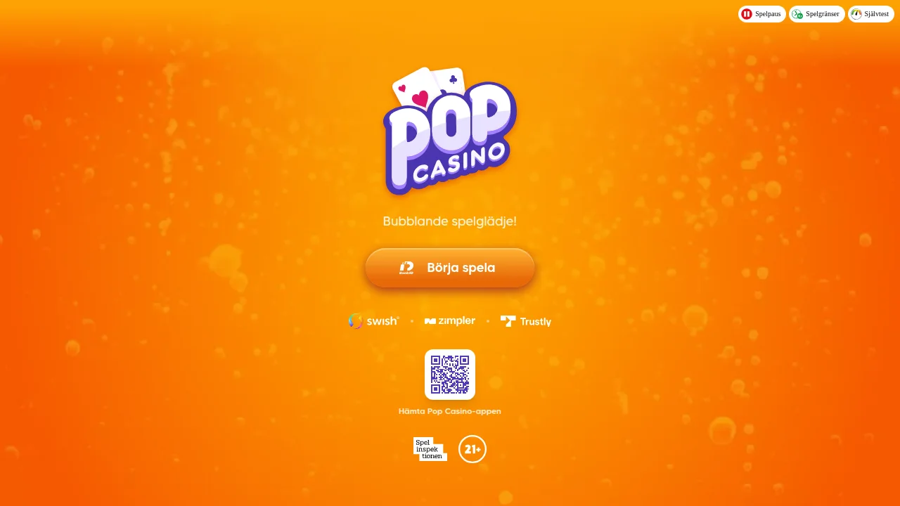 Startsidan hos Pop Casino med logotyp, toppbild och första erbjudandet