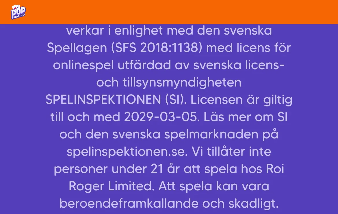 Licensinformationen på Pop Casinos sajt med hänvisning till Spelinspektionen