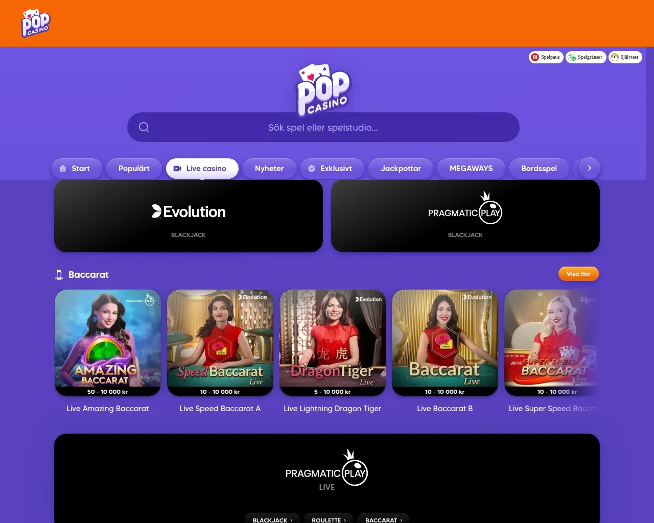 Livecasinoavdelningen hos Pop Casino