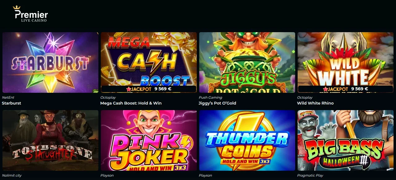 Spellobbyn hos Premierlivecasino med spelrutor för slots