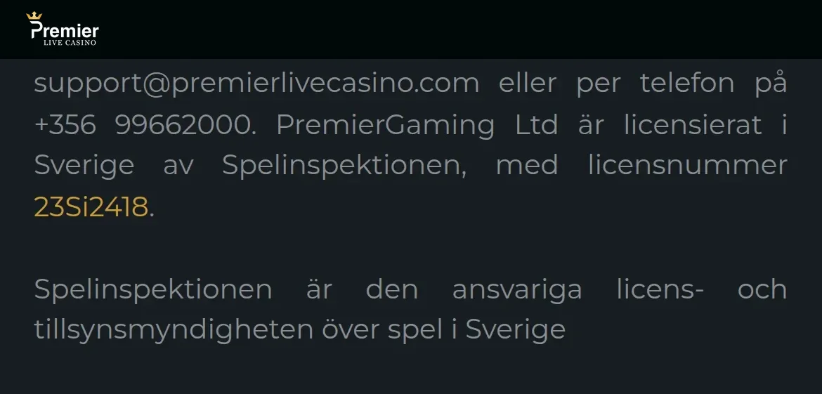 Licensinformation på Premierlivecasinos sajt med hänvisning till Spelinspektionen