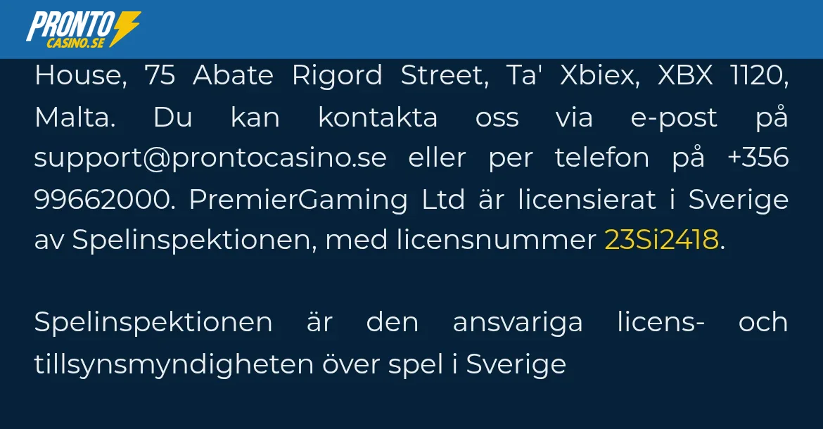Licensuppgift på Prontocasinos sajt med Spelinspektionen och licensnummer 23Si2418