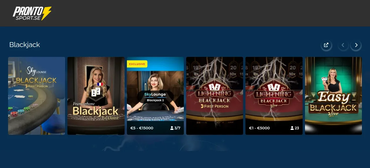 Prontosports spellobby med speltiles för slots