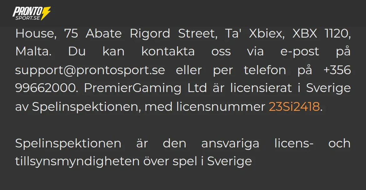 Licensinformation på Prontosports sajt med Spelinspektionen och licensnummer 23Si2418