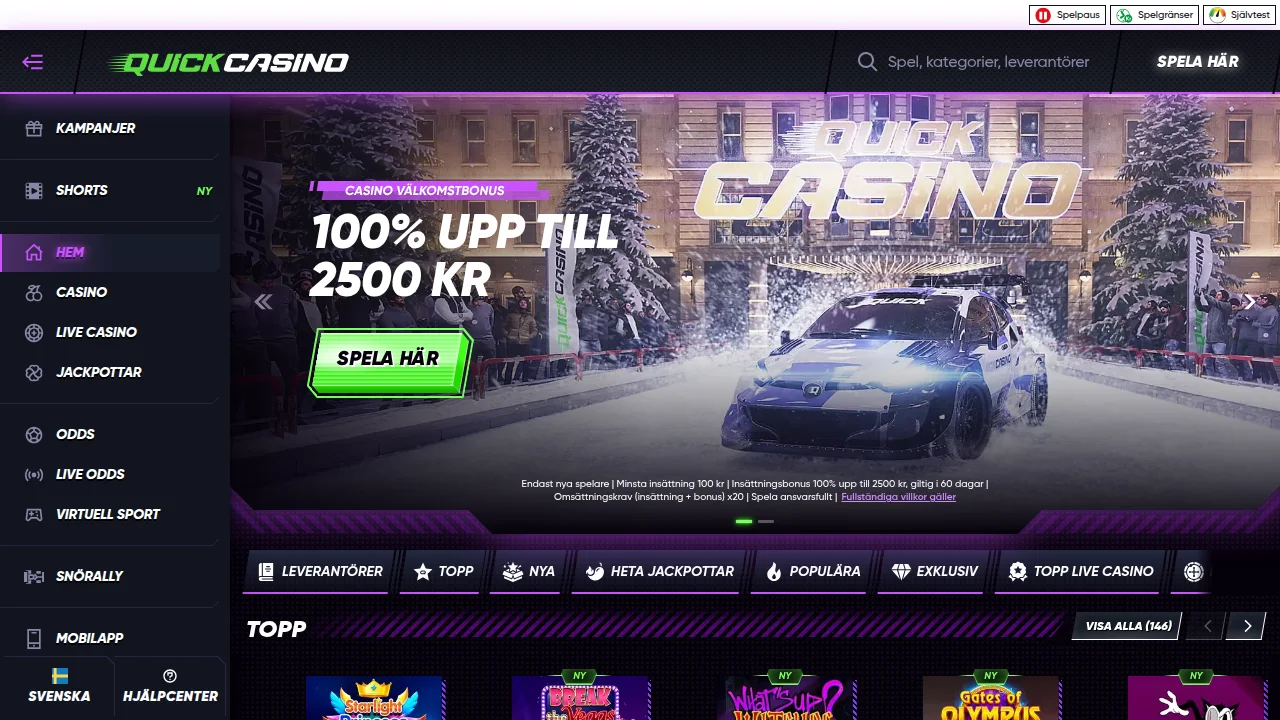 Quickcasinos startsida med logotyp, hero och första erbjudandet