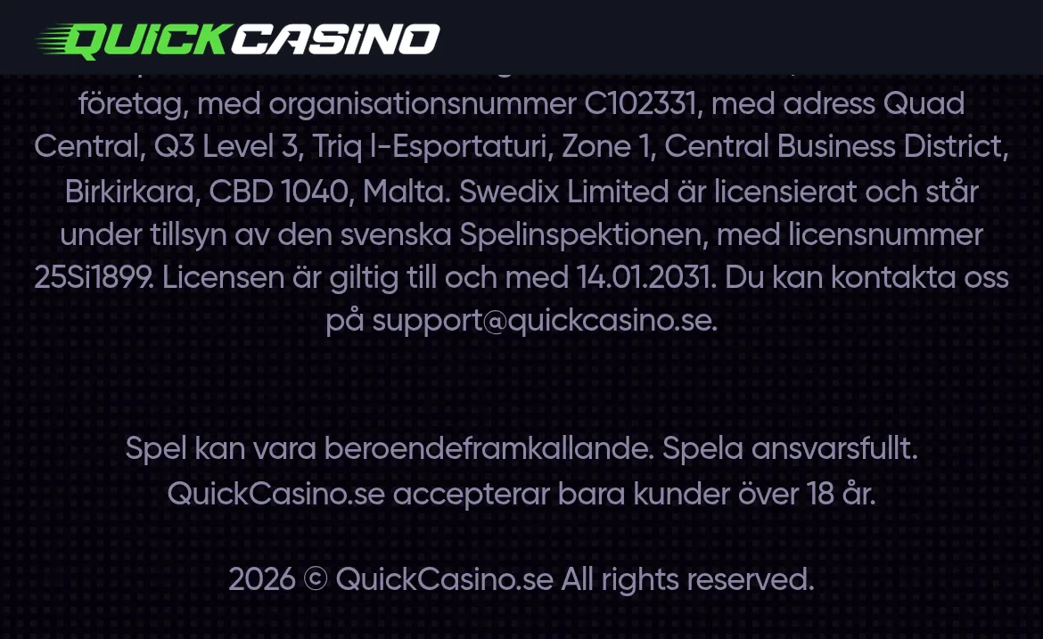 Licensinformationen på Quickcasinos webbplats