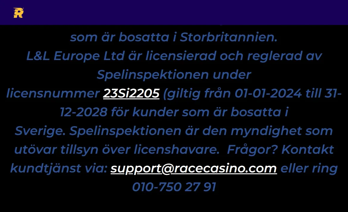 Licensinformation på Racecasinos webbplats med Spelinspektionen och licensnummer 23Si2205