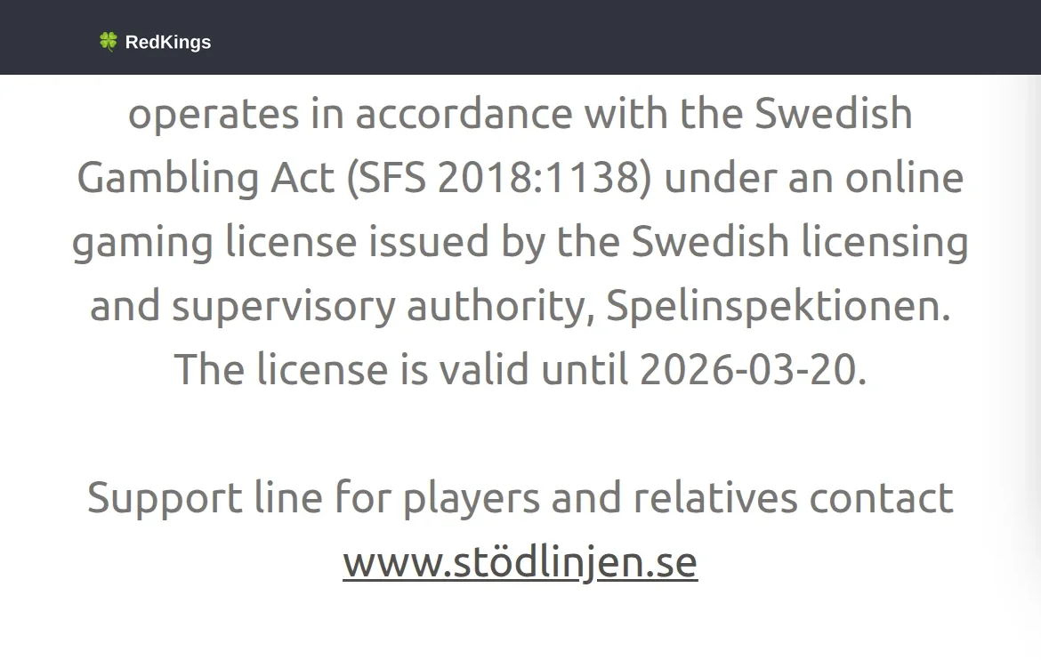 Licensinformation på Redkings webbplats