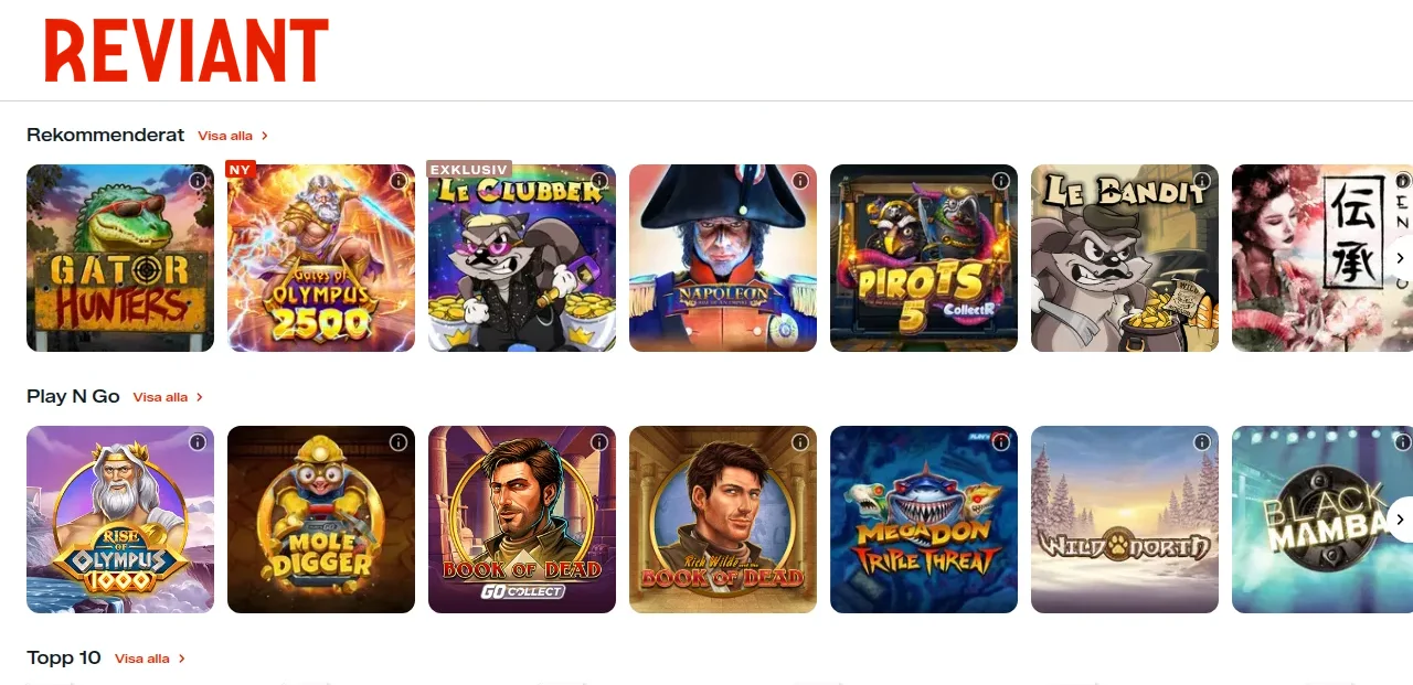 Reviants spellobby med slots och spelrutor
