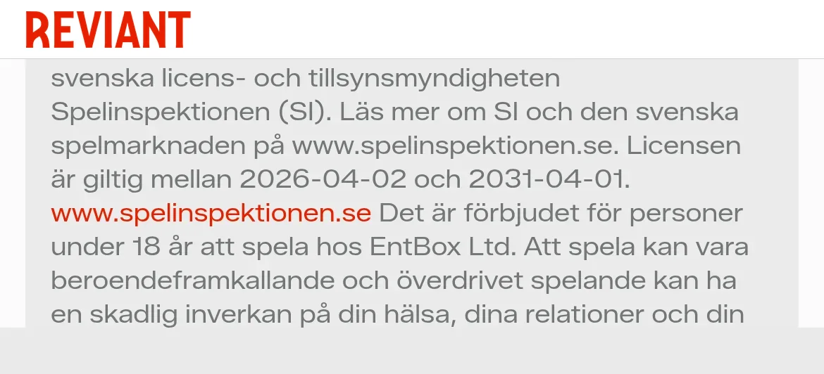 Licensinformation på Reviants sajt med Spelinspektionen och licens 26Si303