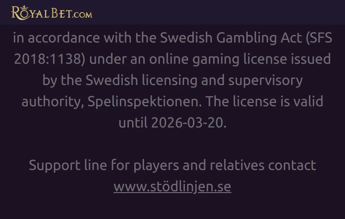 Licensinformation på Royalbets sajt