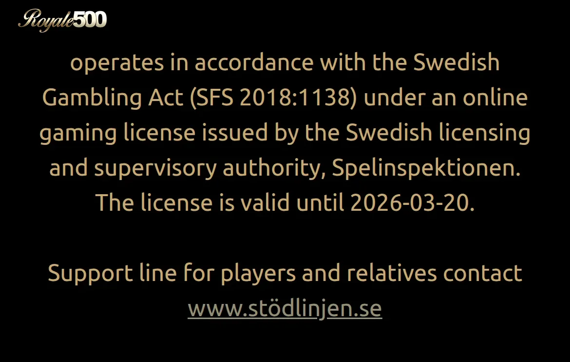 Licenstexten på Royale500:s webbplats med hänvisning till Spelinspektionen