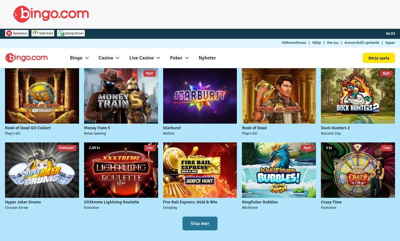 Spellobbyn på Se.Bingo med spelrutor för slots