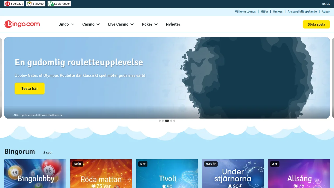Startsidan på Se.Bingo med logotyp, hero-yta och första erbjudandet