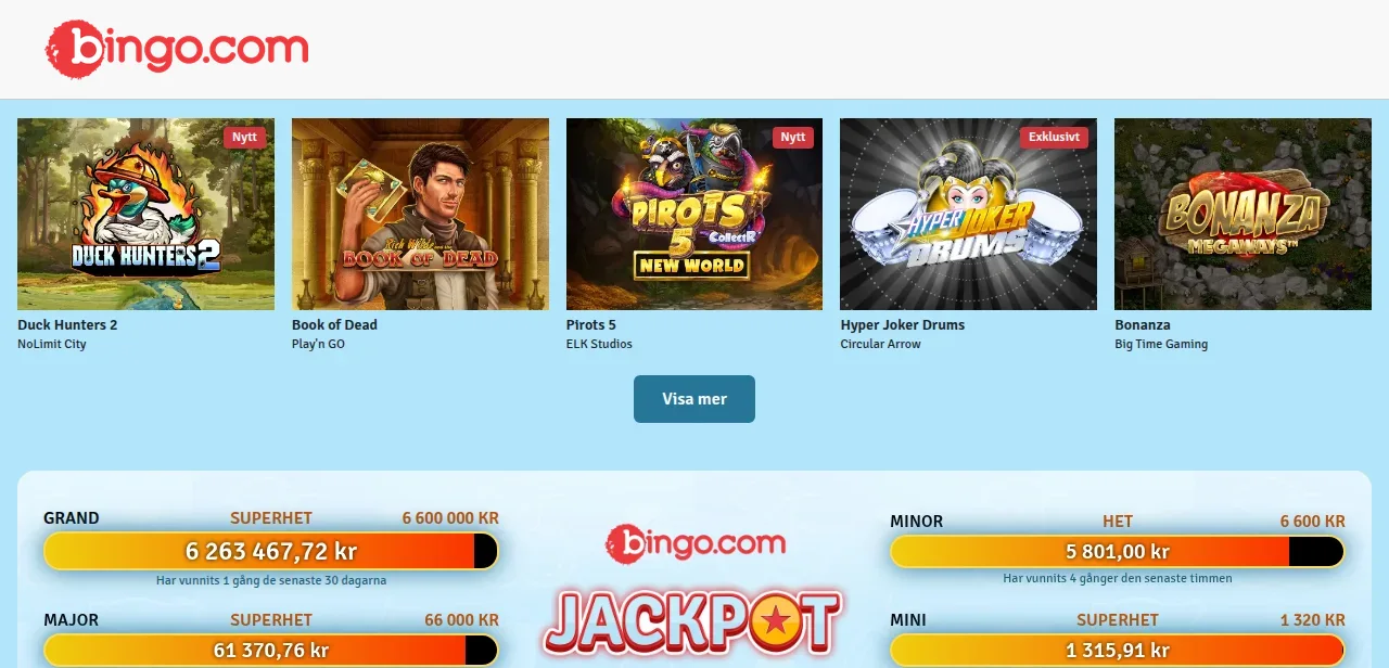 Ytterligare en del av spellobbyn på Se.Bingo längre ner på sidan