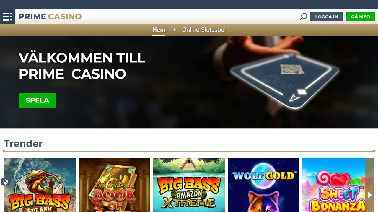 Startsidan på Se.Primecasino med logotyp och toppbanner