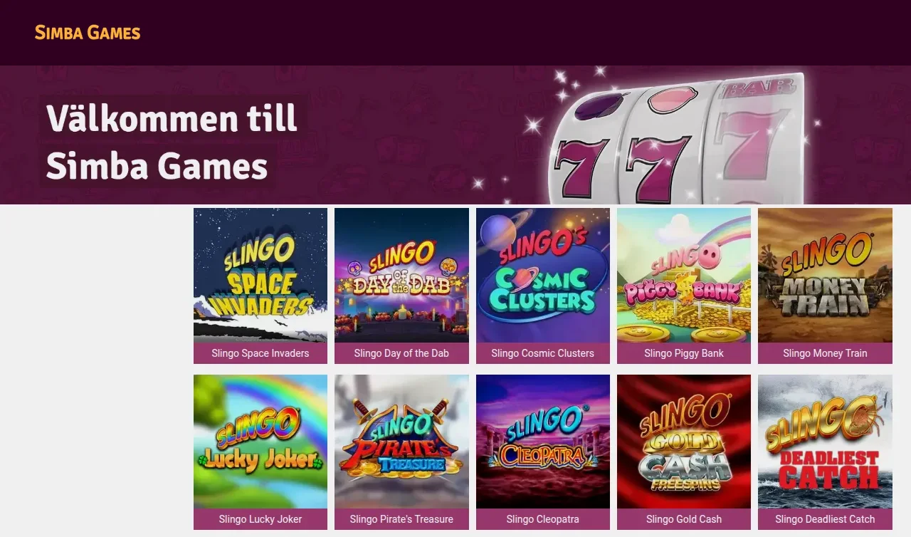 Spellobbyn på Se.Simbagames med spelrutor för slots
