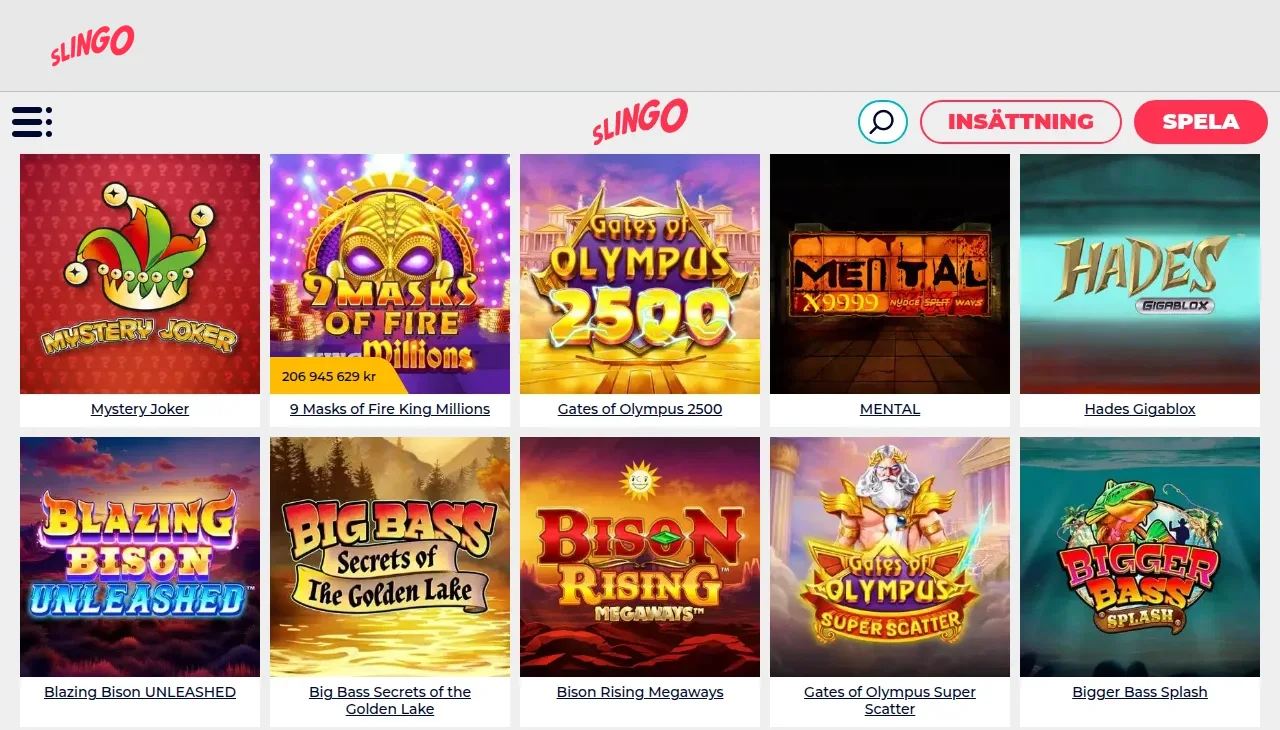 Spellobbyn på Se.Slingo med spelrutor för slots och Slingo-spel