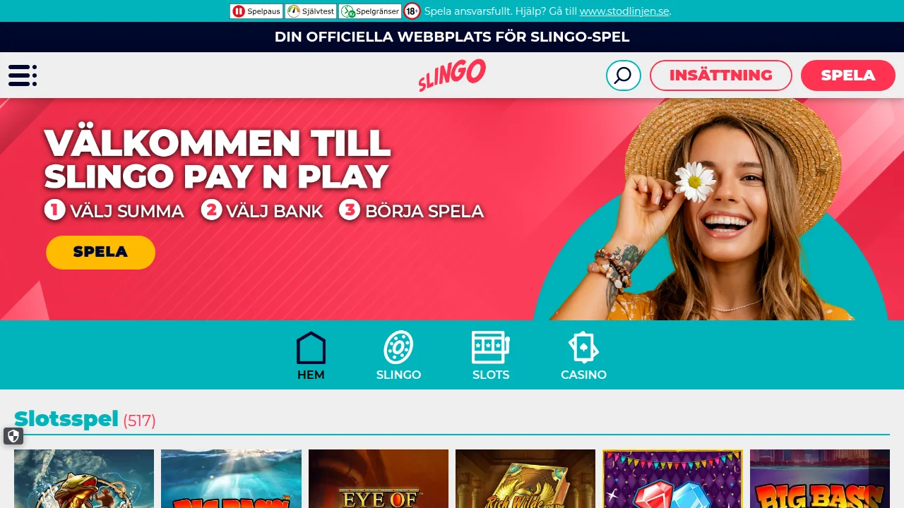 Startsidan på Se.Slingo med logotyp, toppbanner och första erbjudandet