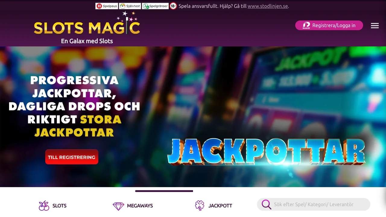 Toppen av Slotsmagics startsida med logotyp, hero-yta och första kampanjfältet