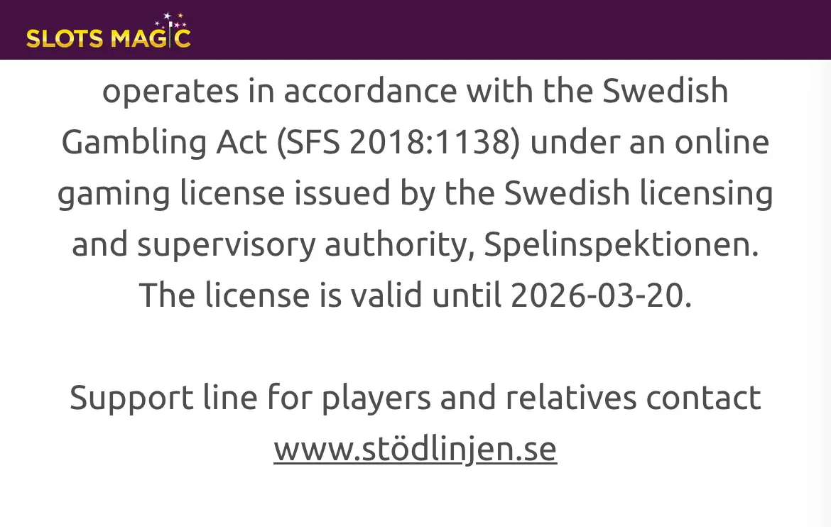 Licenstexten i Slotsmagics sidfot med hänvisning till Spelinspektionen