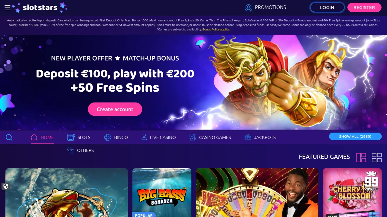 Slotstars startsida med logotyp, toppbild och första erbjudandet