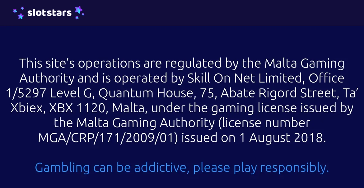 Licenstext på Slotstars med Malta Gaming Authority och licensnummer
