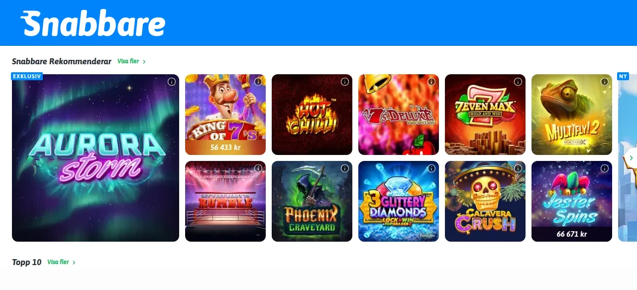Utbud av slots hos Snabbare där free spins kan användas