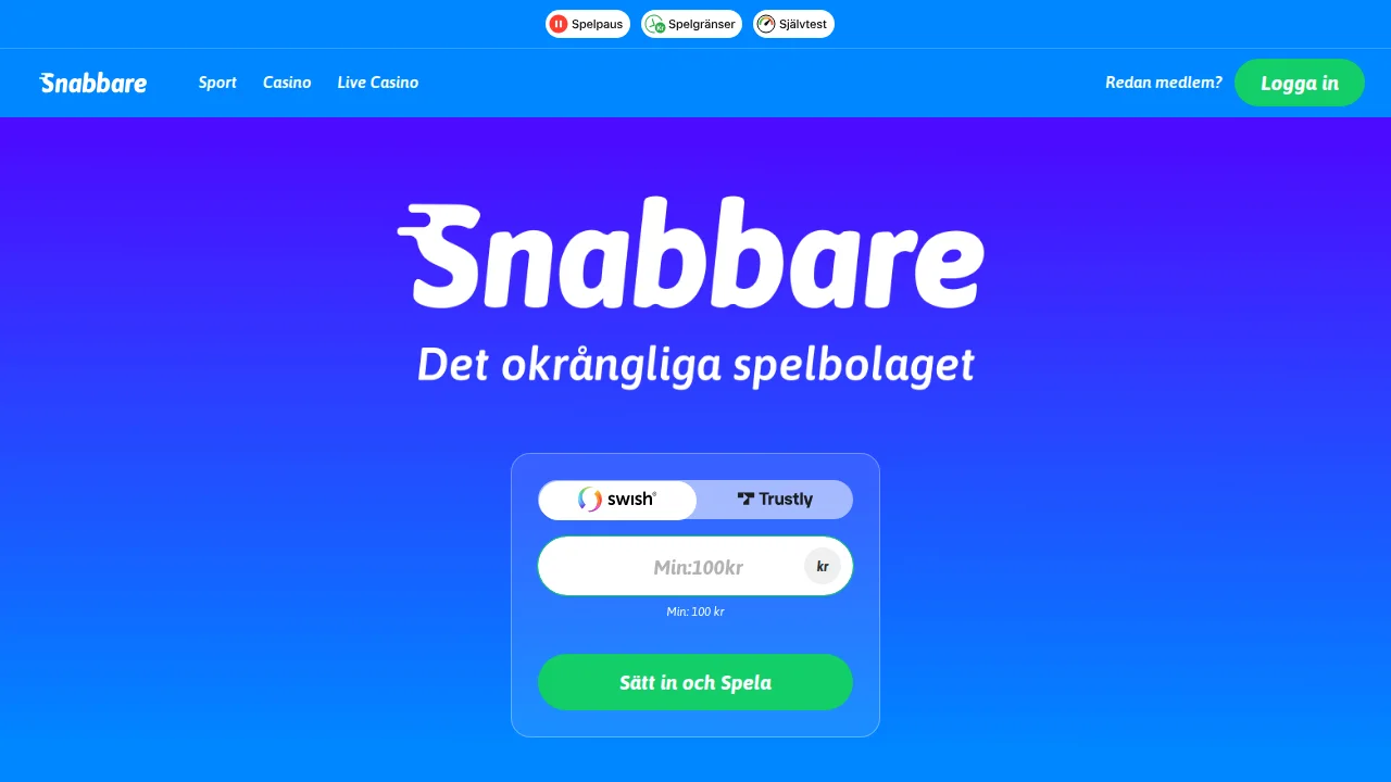 Snabbares startsida med välkomstbonusen för nya svenska spelare