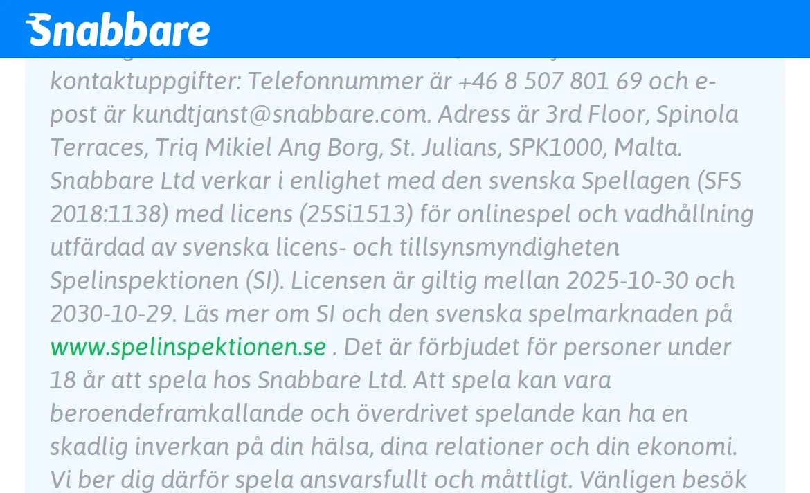 Licenstexten hos Snabbare med Spelinspektionen och licensnummer 25Si1513