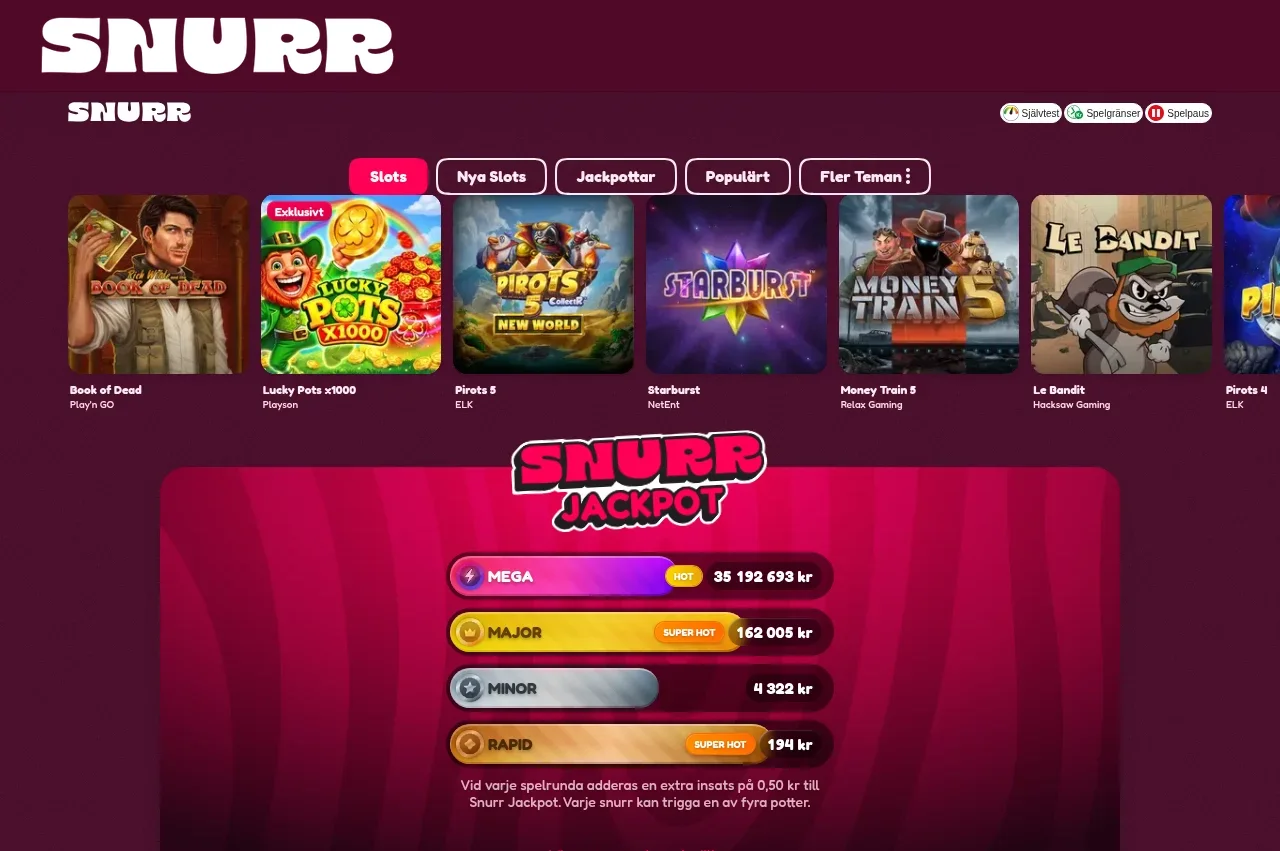 Snurrcasinos spellobby med slots och spelrutor