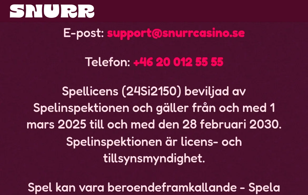 Licensinformation på Snurrcasinos webbplats